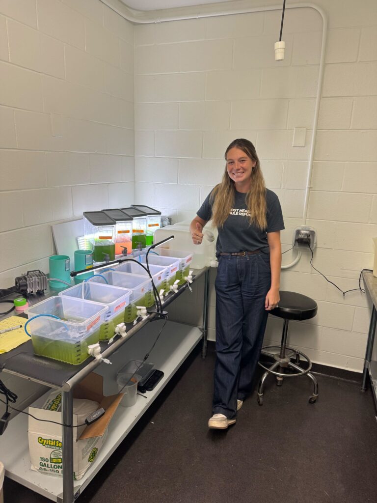 Abigail Lee gives a strong Texas A&M Gig 'em (thumbs up) over the newly growing rotifers (front row) and micro algae (back row) cultures.